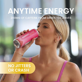 RSP NUTRITION AminoLean Energy Drink bottle label highlights vegan ingredients and caffeine from green tea.