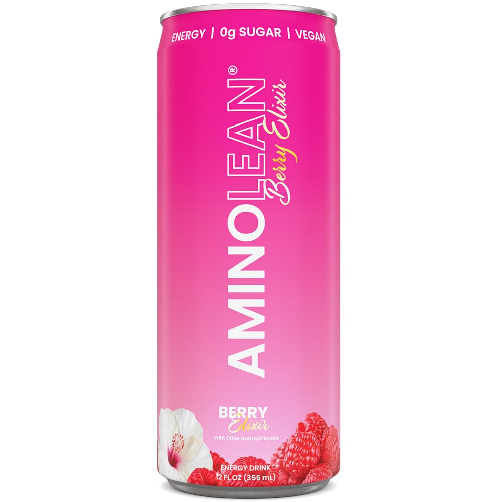 RSP NUTRITION AminoLean Energy Drink glass pour showcasing Berry Elixir flavor and color.