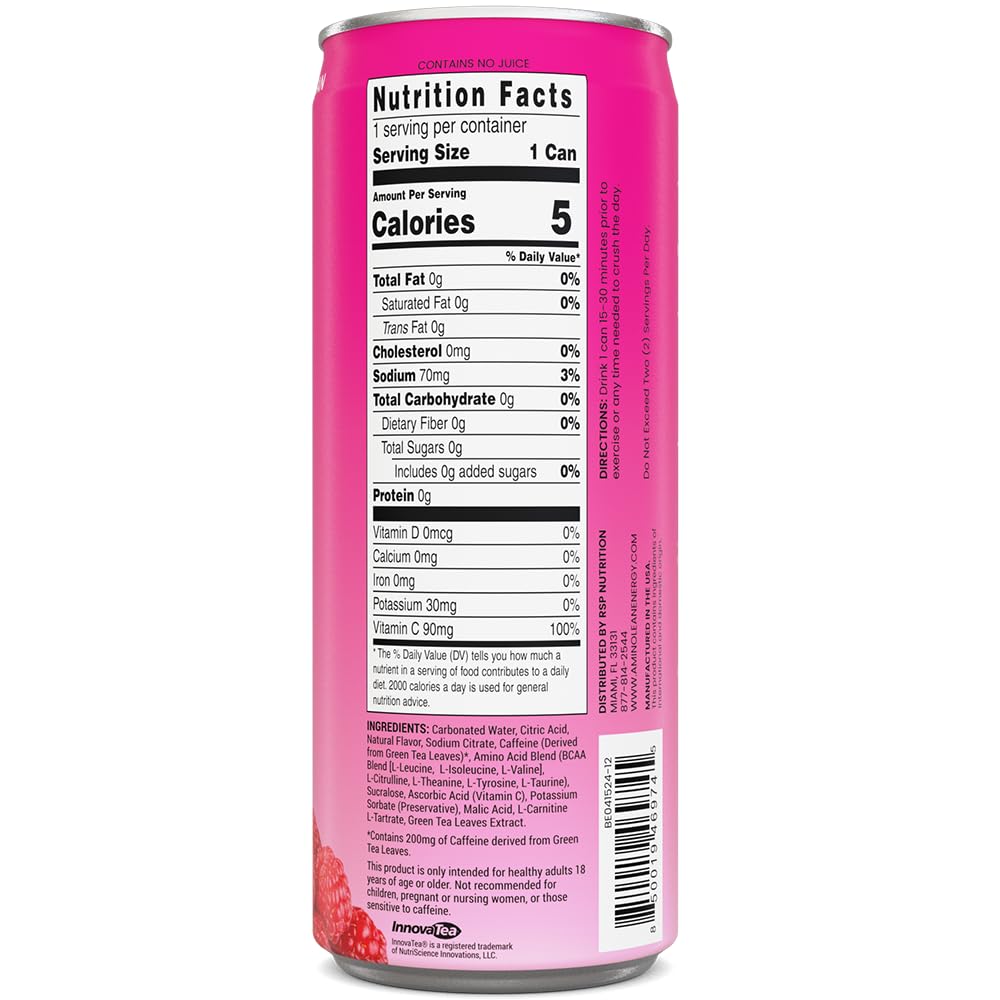 RSP NUTRITION AminoLean Energy Drink ingredients panel emphasizing vegan amino acids.