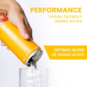 AminoLean can on water glass suggests on-the-go energy at work.