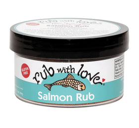 Rub with Love Salmon Rub bottle delivers smoky flavor for salmon and versatile meals.