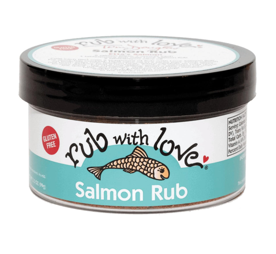 Rub with Love Salmon Rub bottle delivers smoky flavor for salmon and versatile meals.