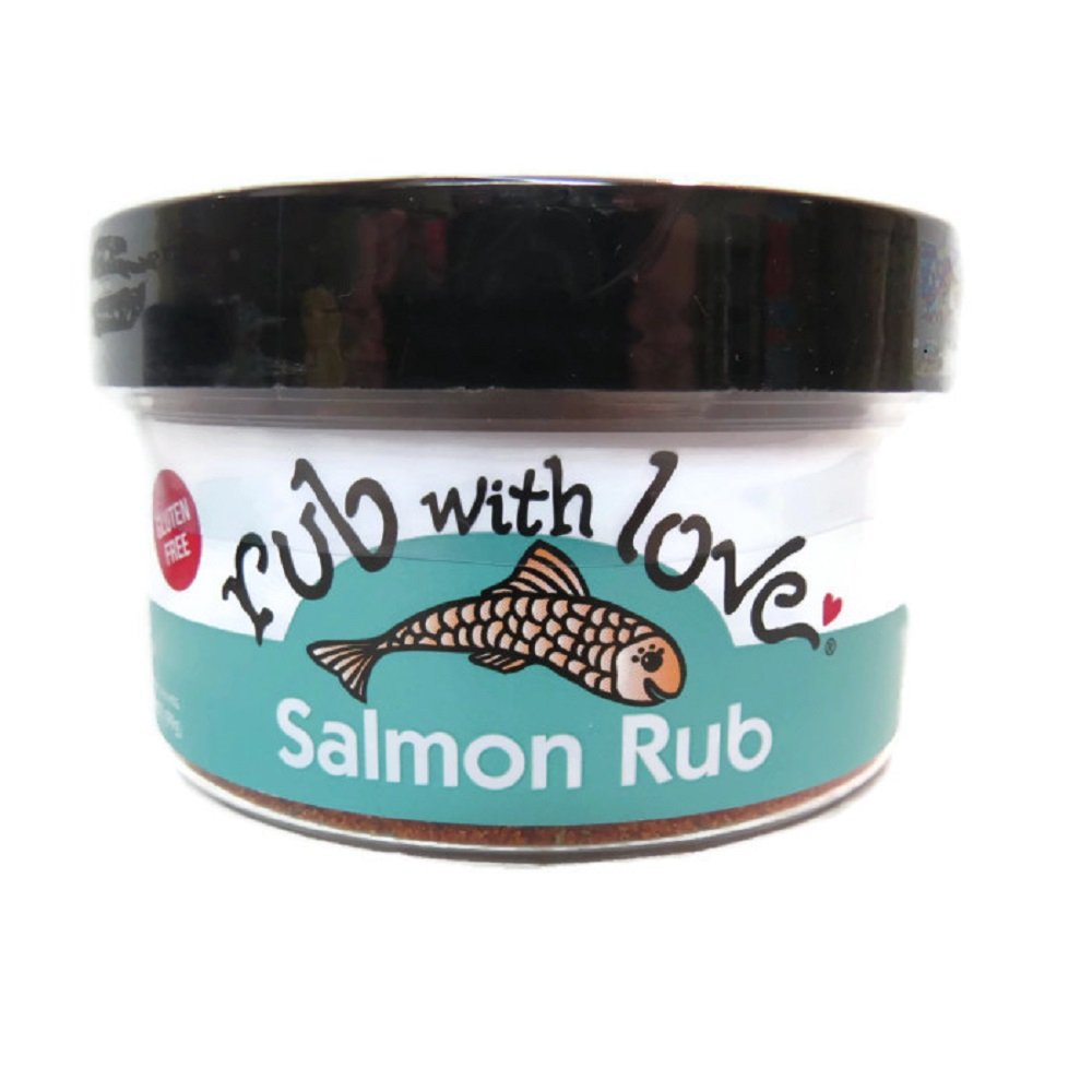 Rub with Love Salmon Rub jar-side label highlighting natural ingredients, no MSG