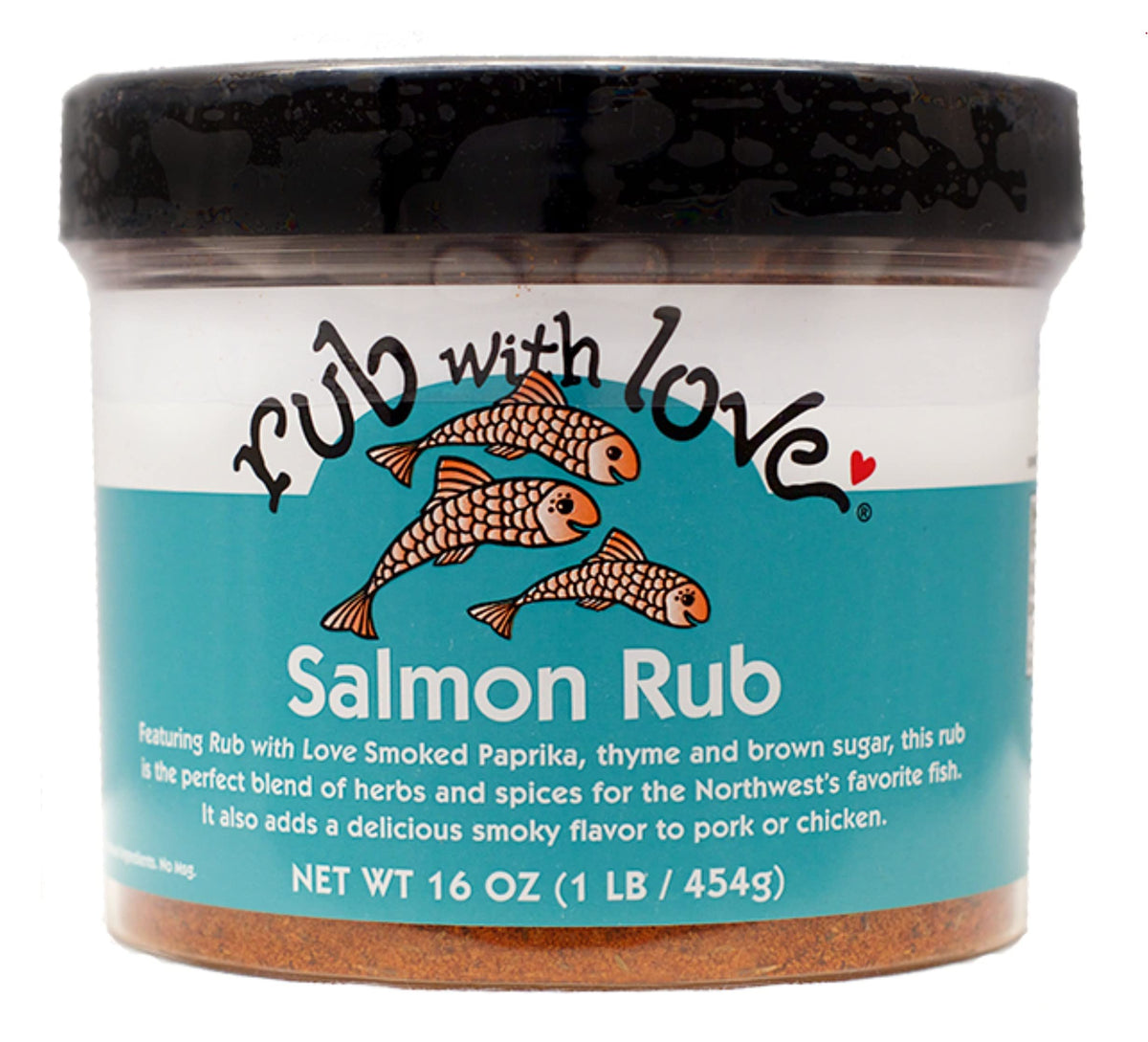 Rub with Love salmon rub jar on counter enhances smoky grill flavor