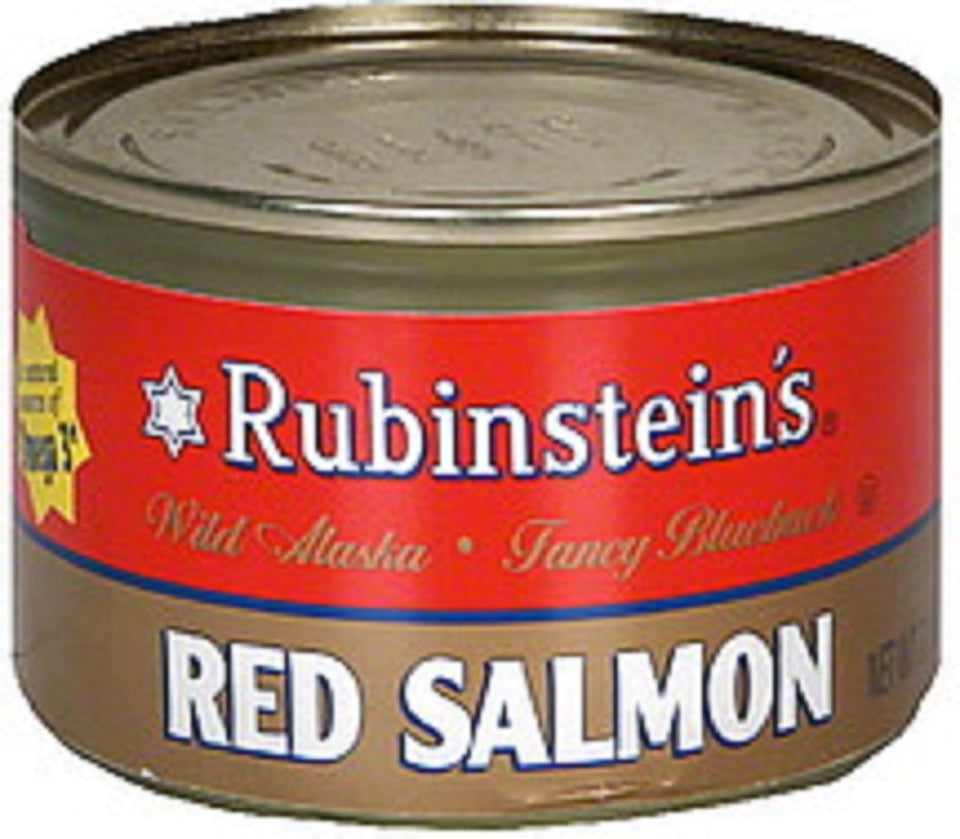 Rubinsteins Salmon Red Sockeye, pack of six cans, ideal for quick meals and elegant salads.
