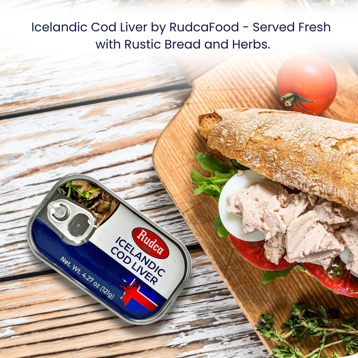Rudca Food Icelandic Cod Liver in salad bowl, enhances greens with ocean depth.
