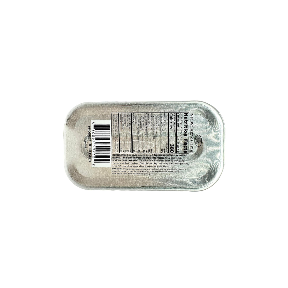 Rudca Food Icelandic Cod Liver can close-up, oil-packed and wild-caught for rich flavor.