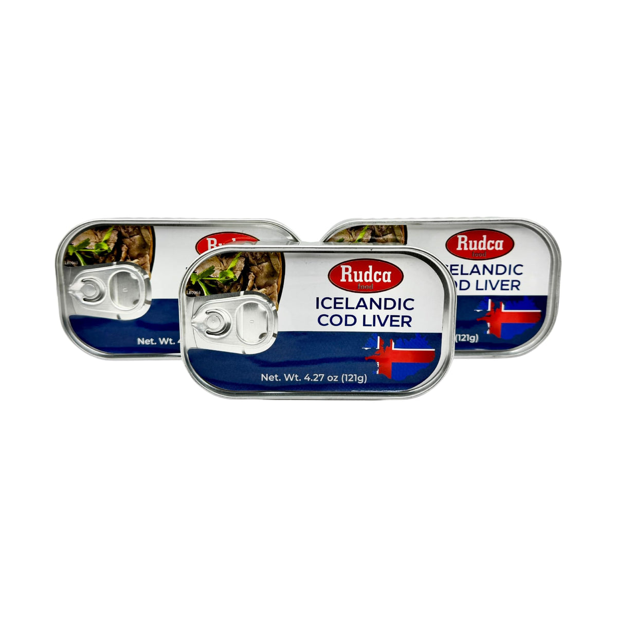 Rudca Food Icelandic Cod Liver label close-up, highlighting pure quality suitable for pantry use.