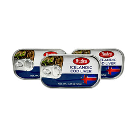 Rudca Food Icelandic Cod Liver label close-up, highlighting pure quality suitable for pantry use.