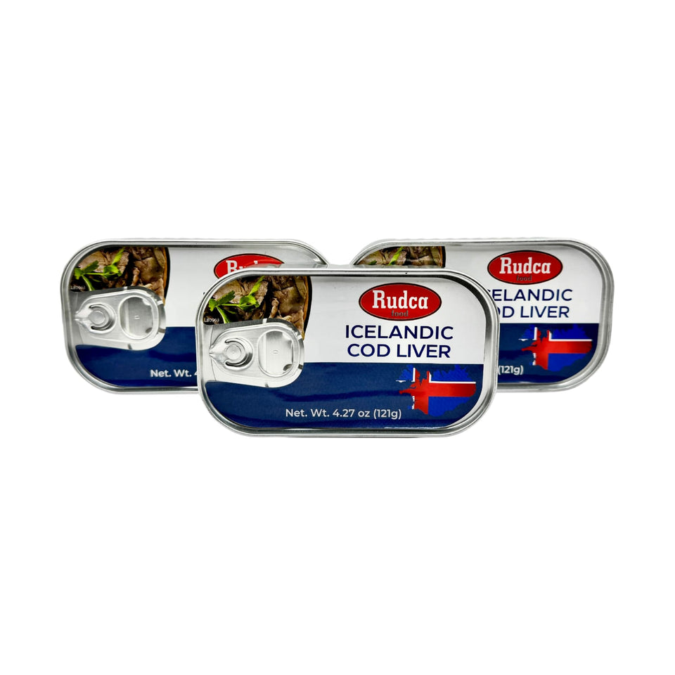 Rudca Food Icelandic Cod Liver label close-up, highlighting pure quality suitable for pantry use.