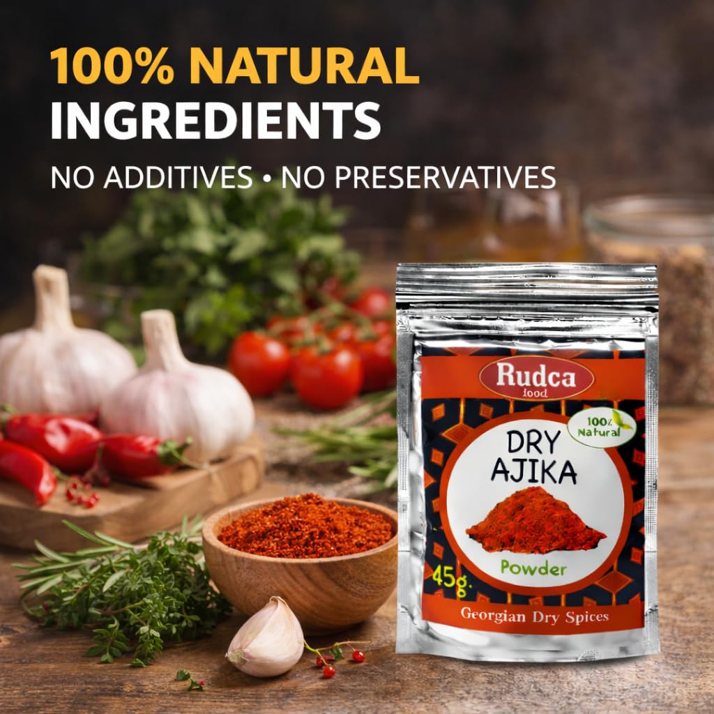 Rudca Food adjika seasoning dusting over a Kharcho-ready dish