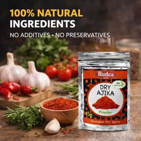 Rudca Food adjika seasoning dusting over a Kharcho-ready dish