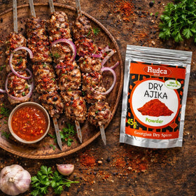 Rudca Food kitchen scene with Georgian spices ready for meal prep