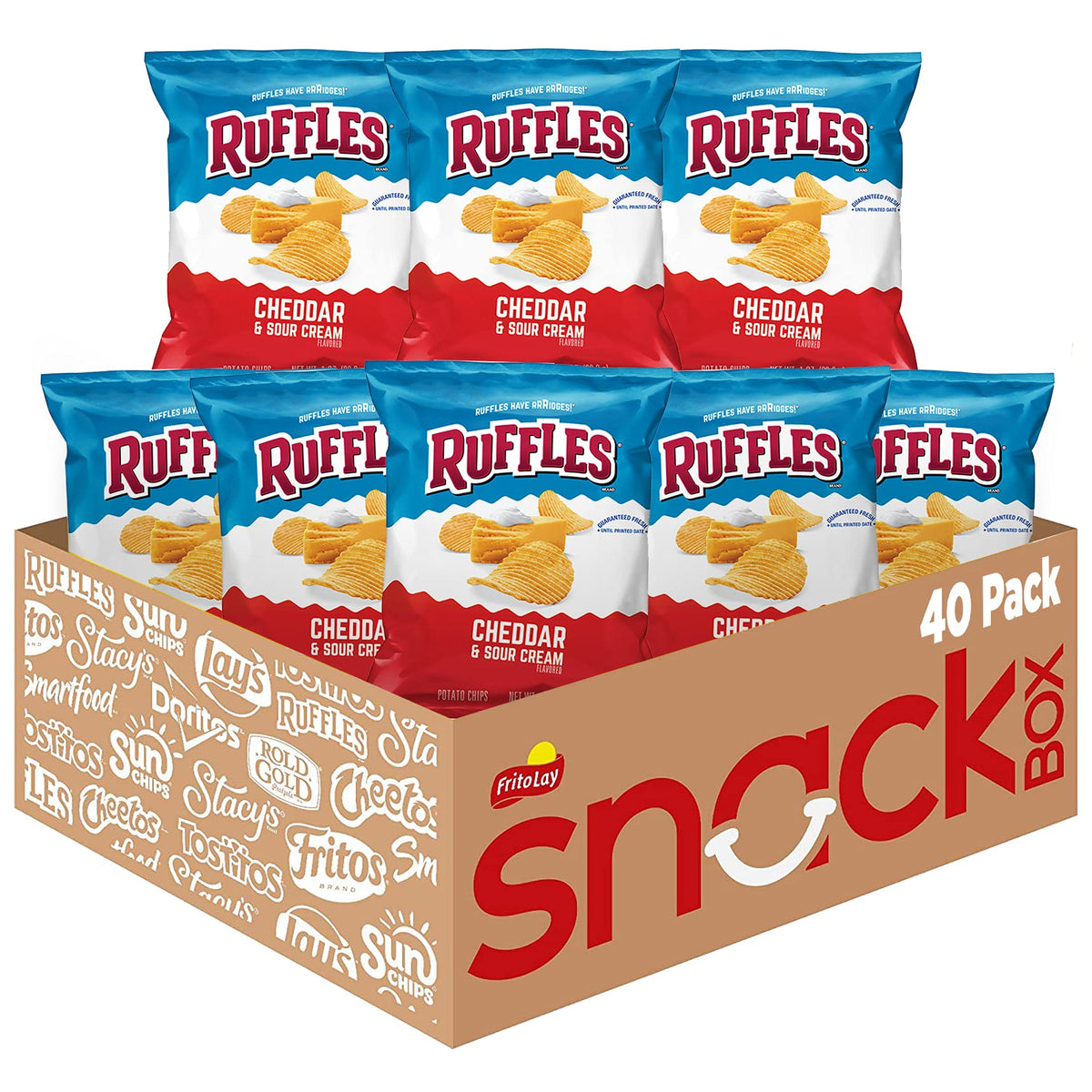 Ruffles Cheddar Sour Cream bag closeup, bold ridges for dipping and sharing at gatherings