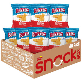 Ruffles Cheddar Sour Cream bag closeup, bold ridges for dipping and sharing at gatherings