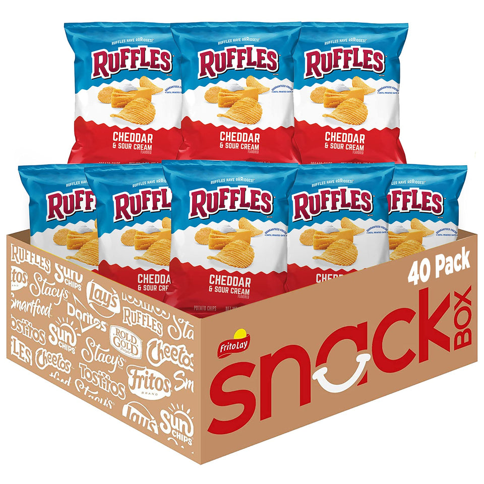 Ruffles Cheddar Sour Cream bag closeup, bold ridges for dipping and sharing at gatherings