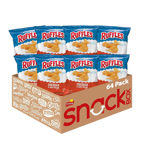 Ruffles Cheddar and Sour Cream chips bag front view, great for snack time at gatherings.