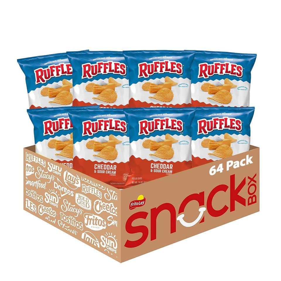 Ruffles Cheddar and Sour Cream chips bag front view, great for snack time at gatherings.