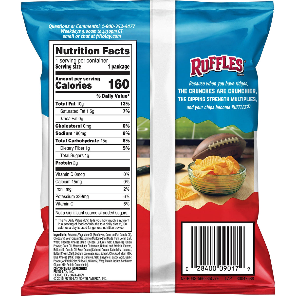 Ruffles Cheddar Sour Cream chips with thick ridges, ideal for hearty dips and snacking
