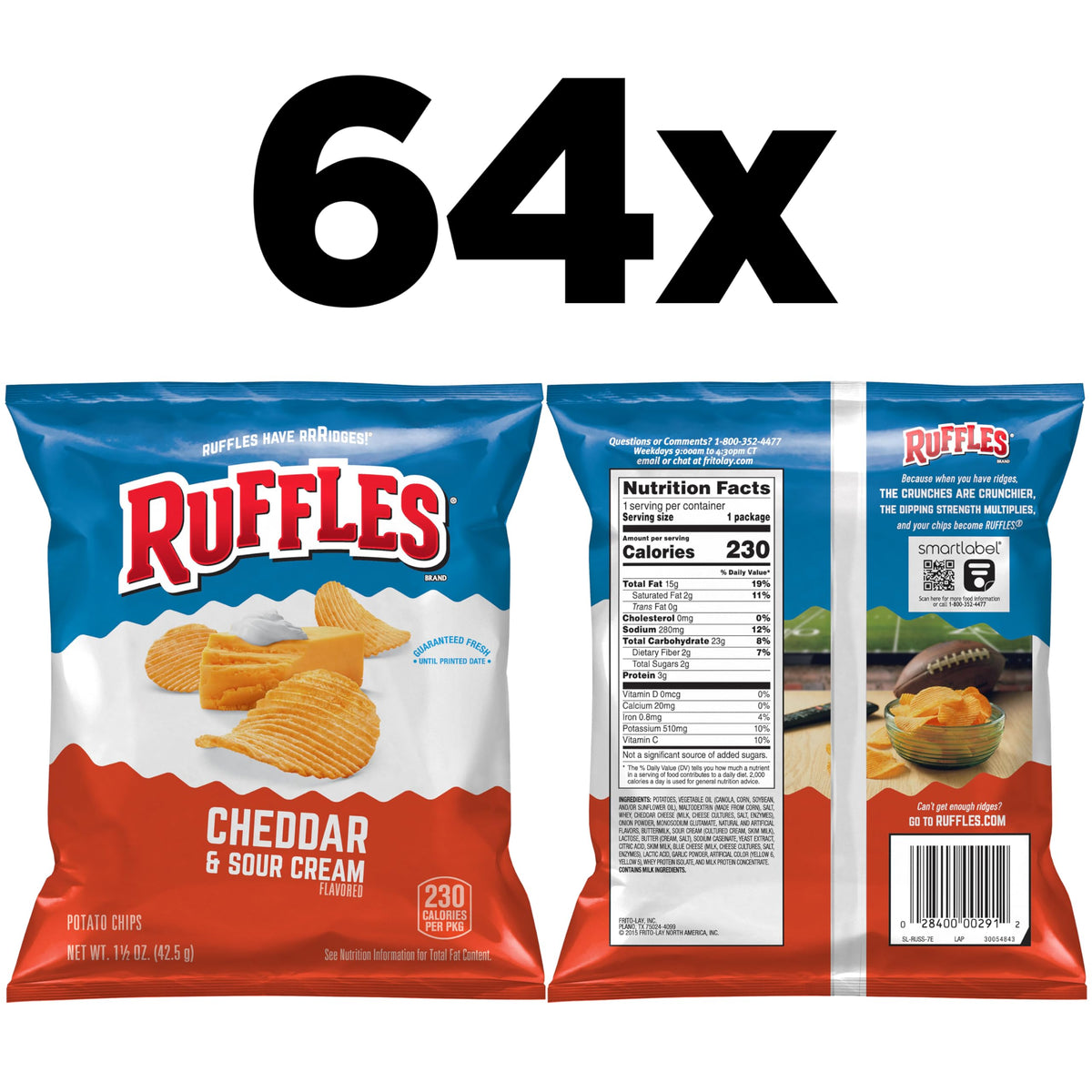 Ruffles Cheddar and Sour Cream chips 64-pack bundle ideal for entertaining events.