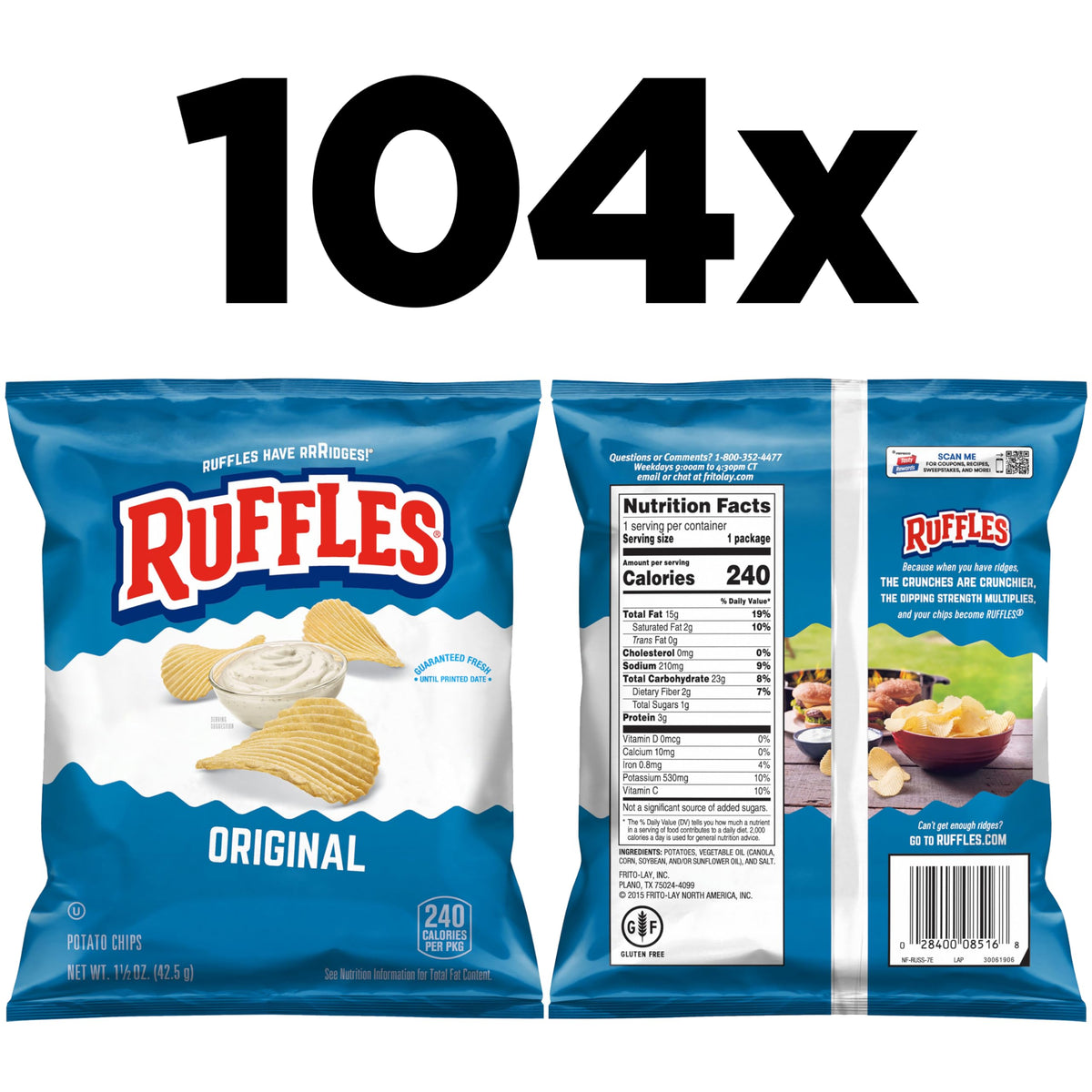 Close-up of Ruffles Original bag side view highlights packaging for sharing and easy grab-and-go.