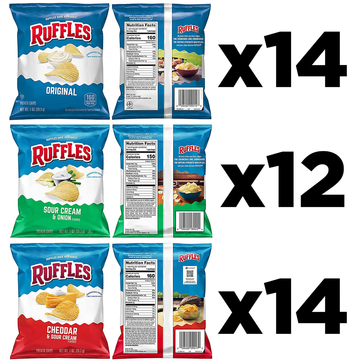 Ruffles Original chips 1-ounce bag delivering classic crunch for quick snacking.