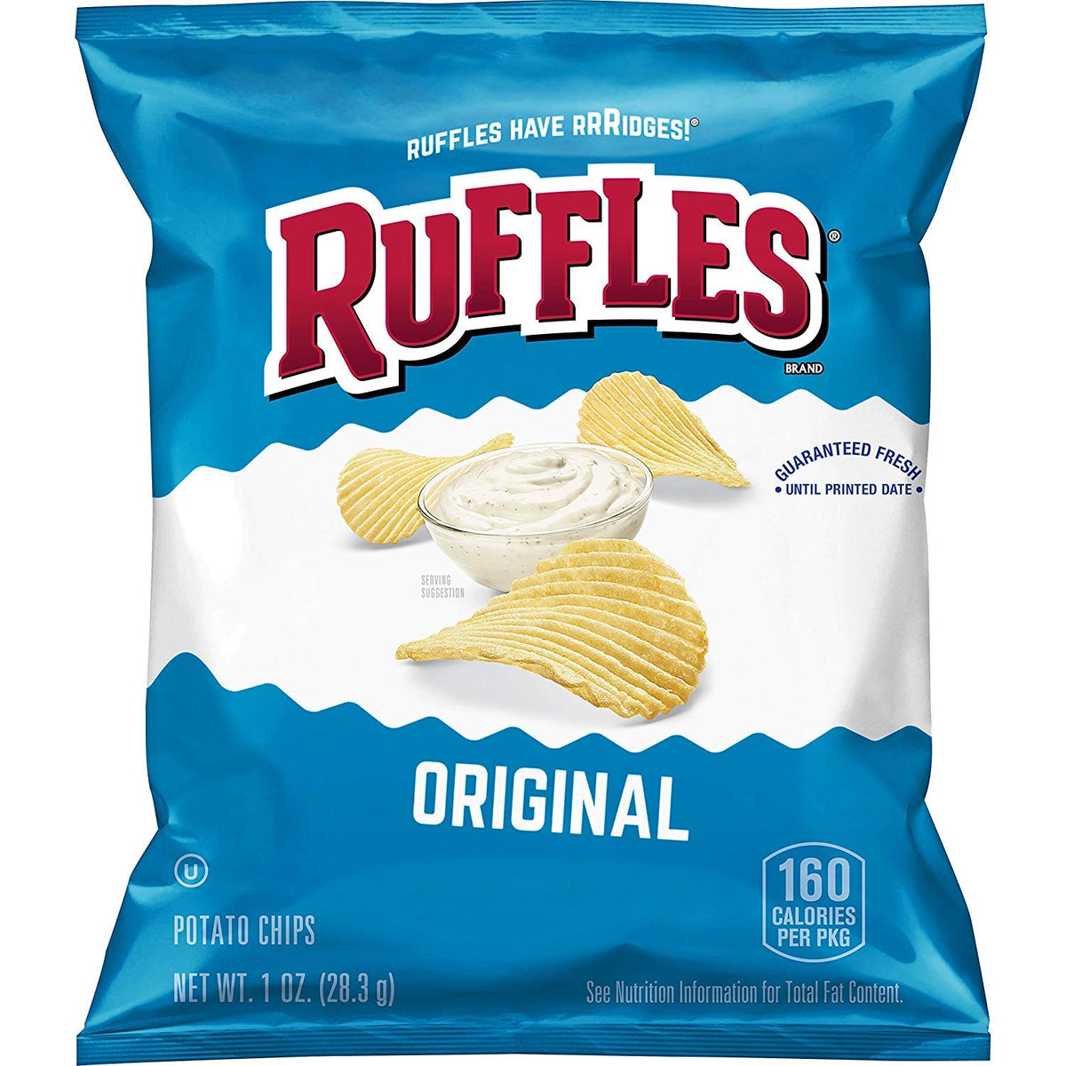 Ruffles Original potato chips 1-ounce bag shows crisp texture for quick, satisfying snacking.