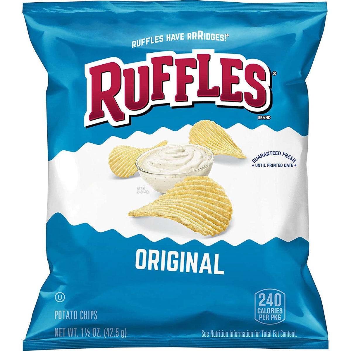 Ruffles Original close-up shows thick ridges that hold dips.