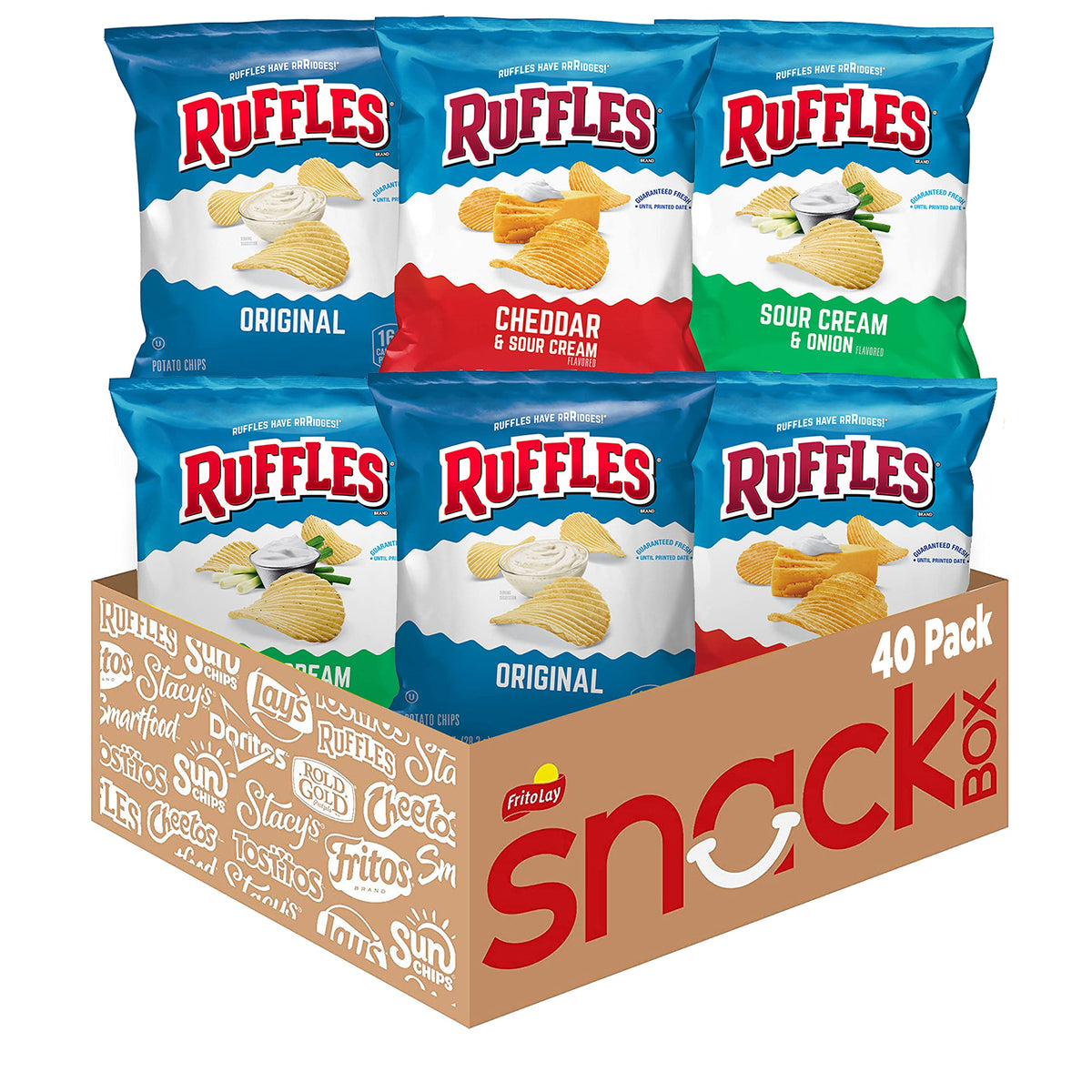Ruffles Variety Pack 40-count with assorted flavors for sharing and tasting.