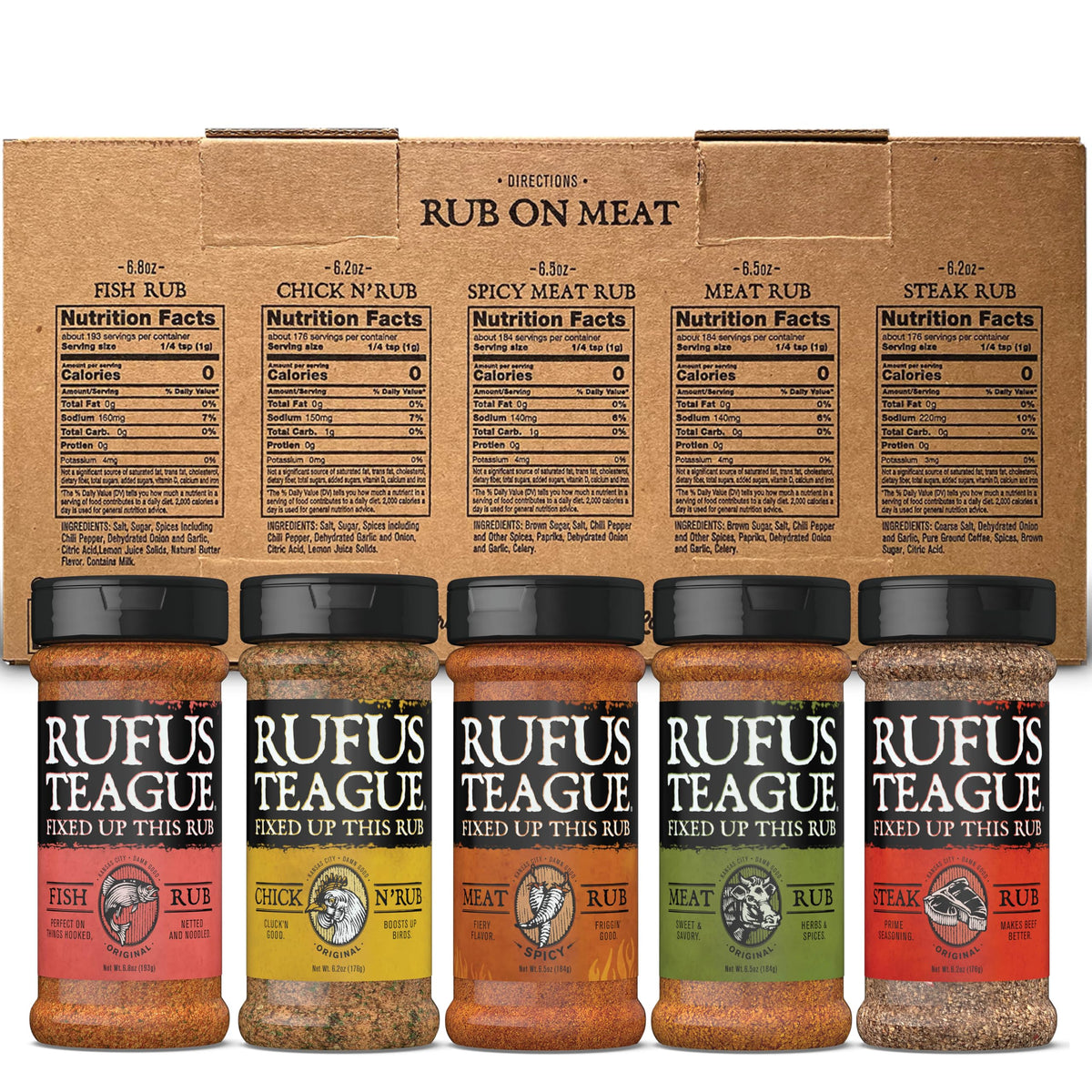 Rufus Teague Meat Rub bottle enhances pork and poultry with smoky depth