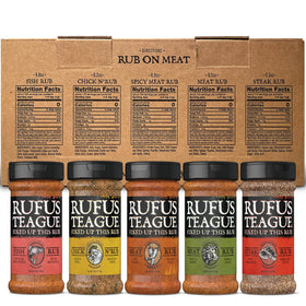Rufus Teague Meat Rub bottle enhances pork and poultry with smoky depth