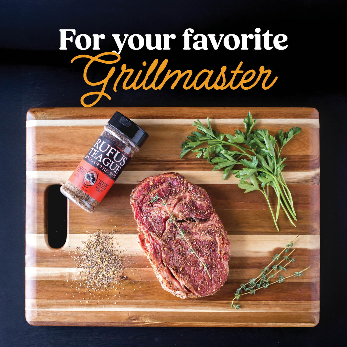 Rufus Teague Spicy Meat Rub bottle adds balanced heat and sweetness