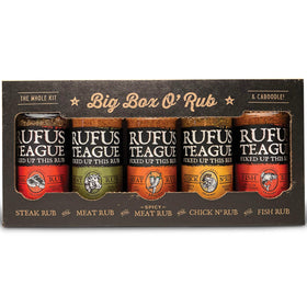 Rufus Teague Big Box O' Rub steak rub bottle for bold searing