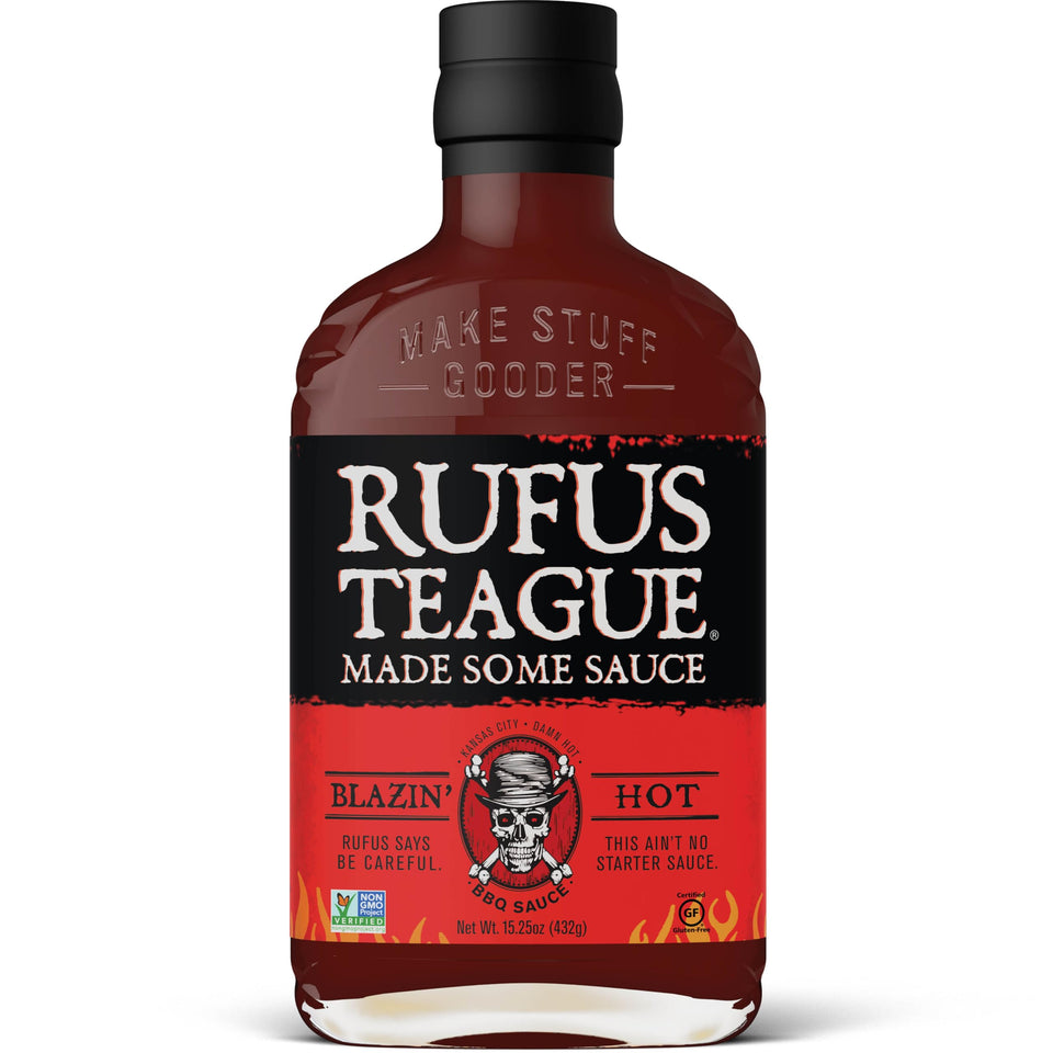 Rufus Teague Blazin' Hot BBQ Sauce bottle ready for bold grilling