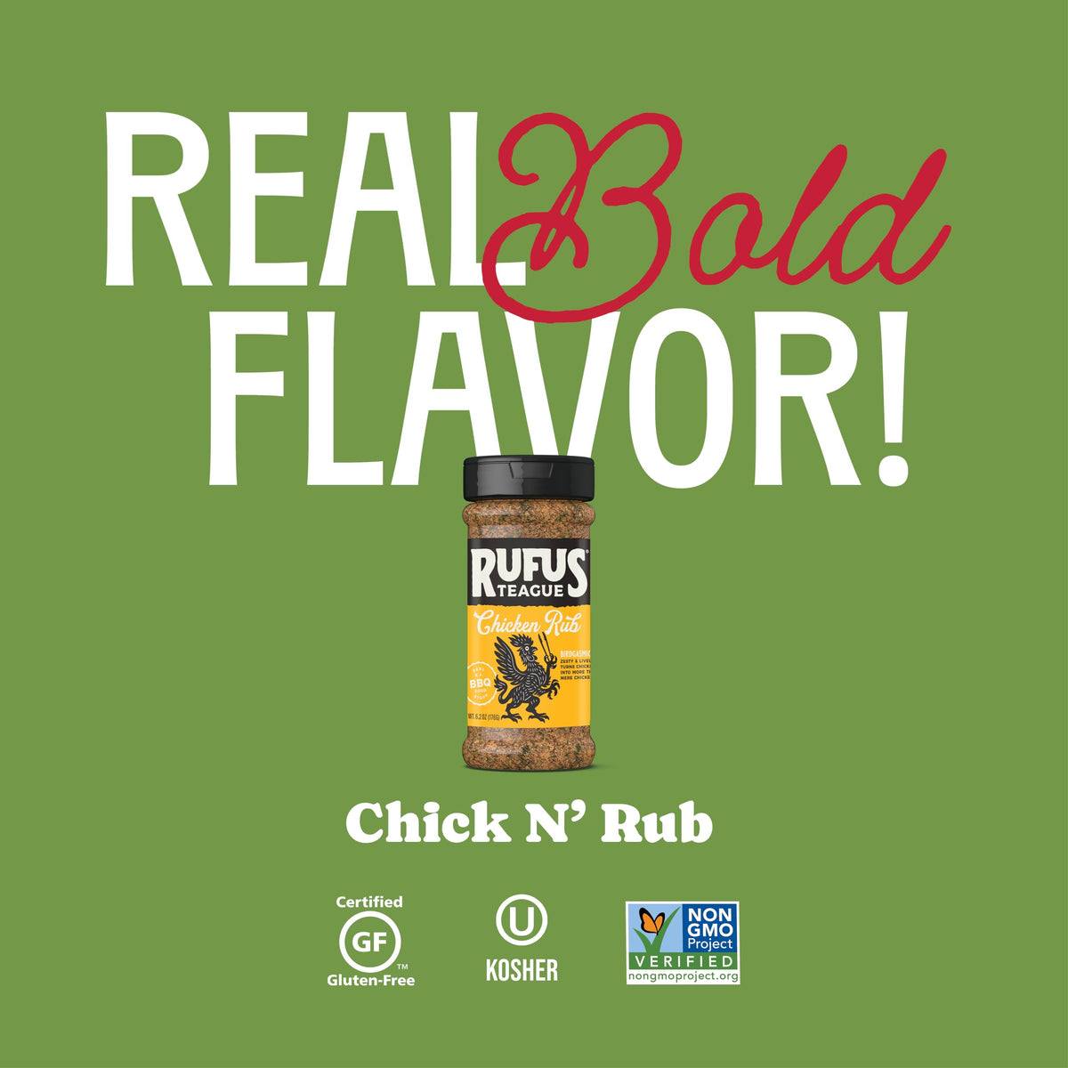 Rufus Teague Chick N' Rub ingredient label showing gluten-free and kosher notes