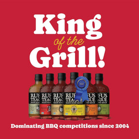 Rufus Teague Honey Sweet BBQ Sauce on a grill setup