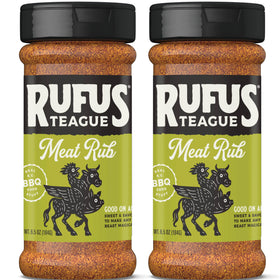 Rufus Teague Meat Rub bottle displaying premium seasoning for grilling.
