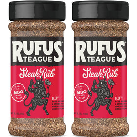 Rufus Teague steak rub bottle label highlighting bold beef flavor.