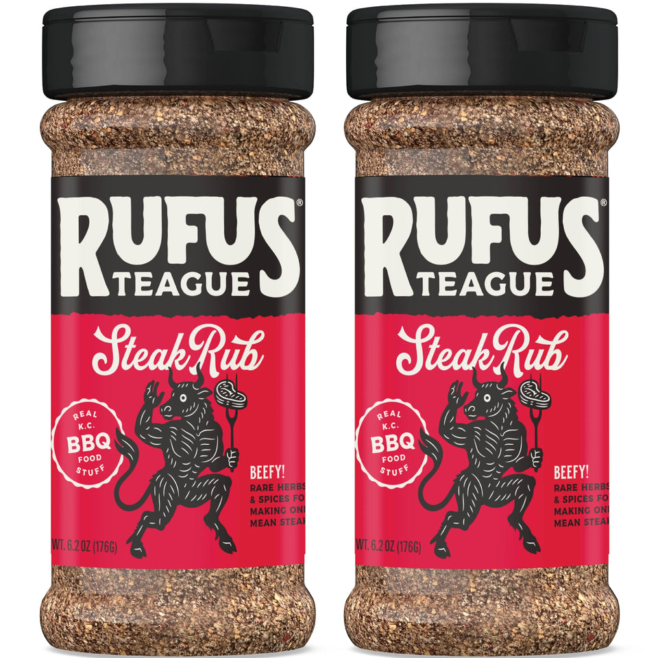 Rufus Teague steak rub bottle label highlighting bold beef flavor.