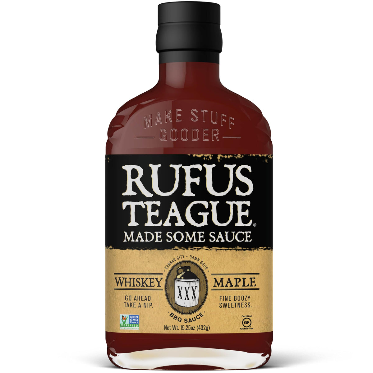 Rufus Teague Whiskey Maple BBQ Sauce bottle for grilling and glaze