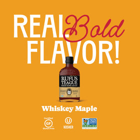 Rufus Teague whiskey maple sauce on a burger adding rich glaze