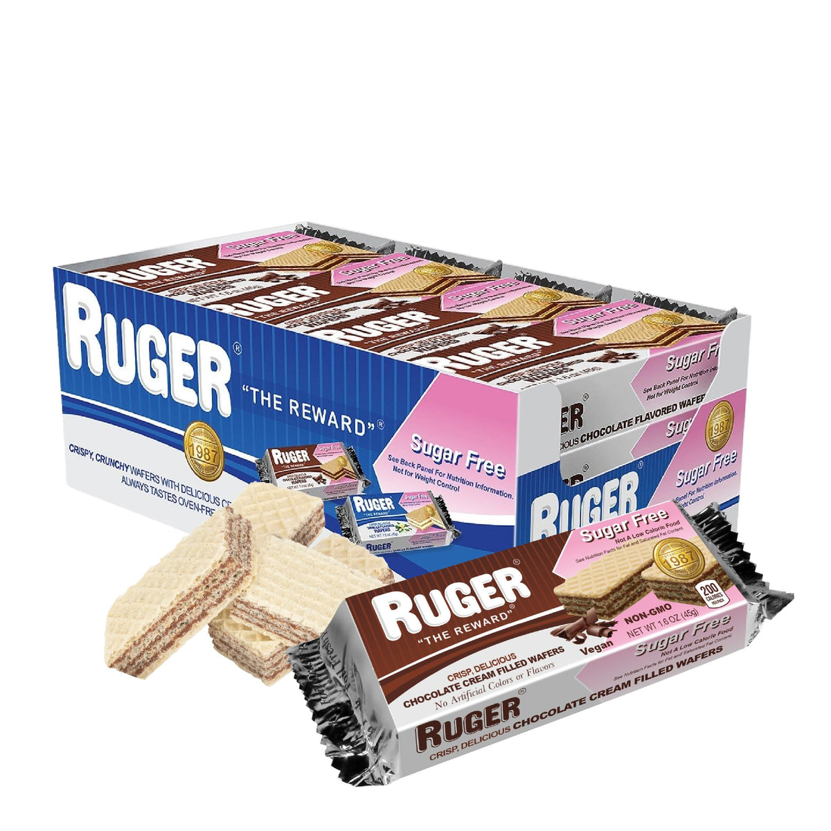 RUGER Sugar-Free Chocolate Wafers 12-pack on display, a guilt-free treat for celebrations.