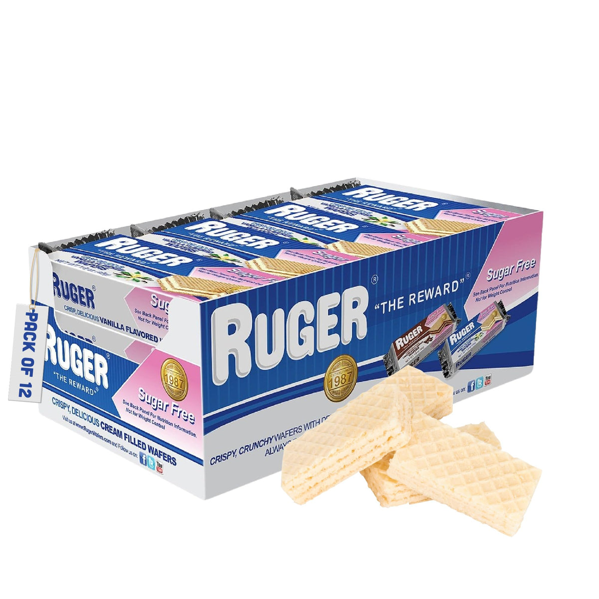 RUGER sugar-free vanilla wafers 12-pack in a box, ideal for portion control.