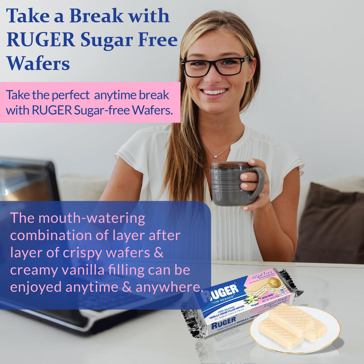 RUGER sugar-free vanilla wafer cross-section with creamy filling for a smooth bite.