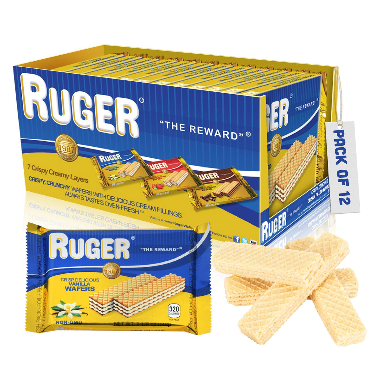Ruger Wafers Austrian Vanilla packaging closeup highlighting premium heavy-gauge foil for freshness.