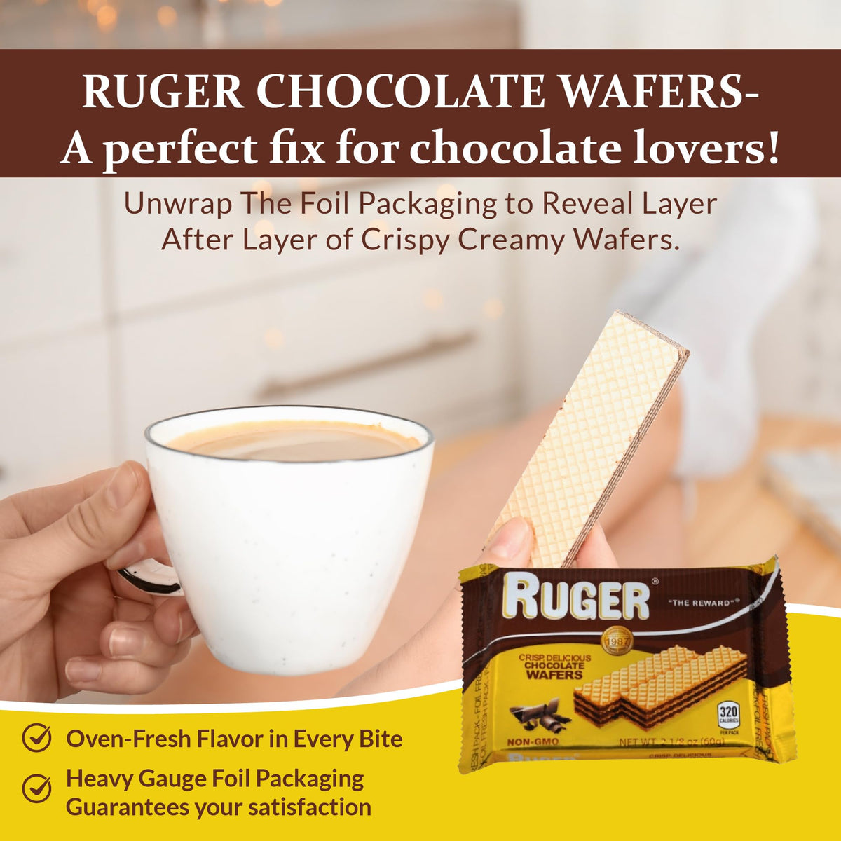 Ruger Wafers melt-in-mouth filling closeup showcases smooth chocolate cream.