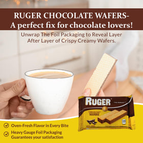 Ruger Wafers melt-in-mouth filling closeup showcases smooth chocolate cream.