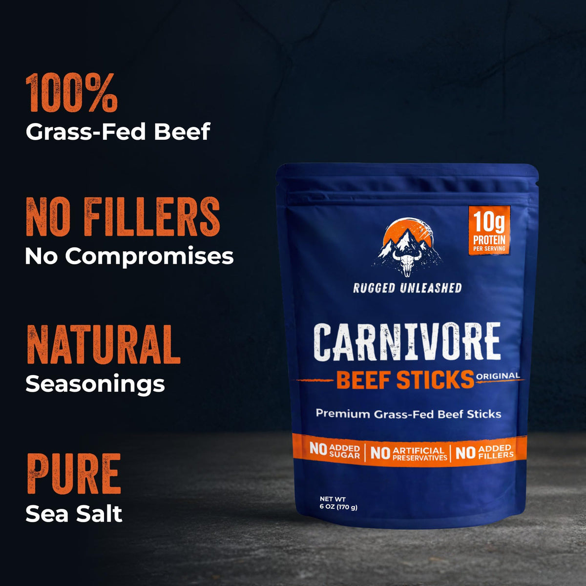 Rugged Unleashed beef sticks label highlights simple ingredients with no fillers