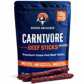 Rugged Unleashed Grass-Fed Beef Sticks pack primed for on-the-go protein