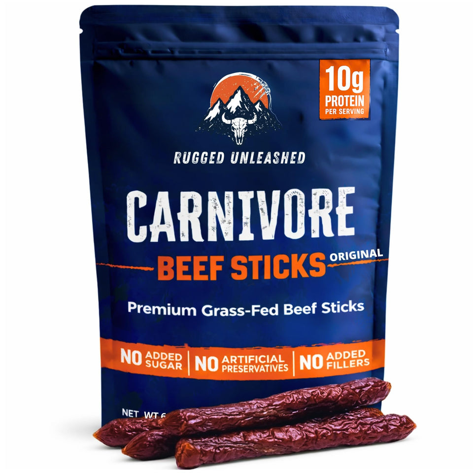 Rugged Unleashed Grass-Fed Beef Sticks pack primed for on-the-go protein